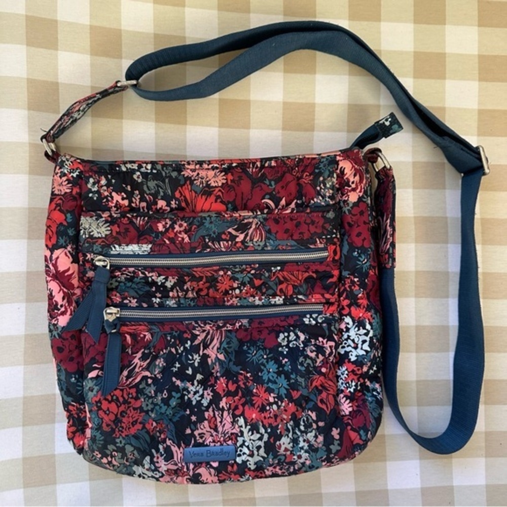 Vera Bradley Floral Crossbody Bag - Red Pink & Blue Pockets EUC Blue Interior